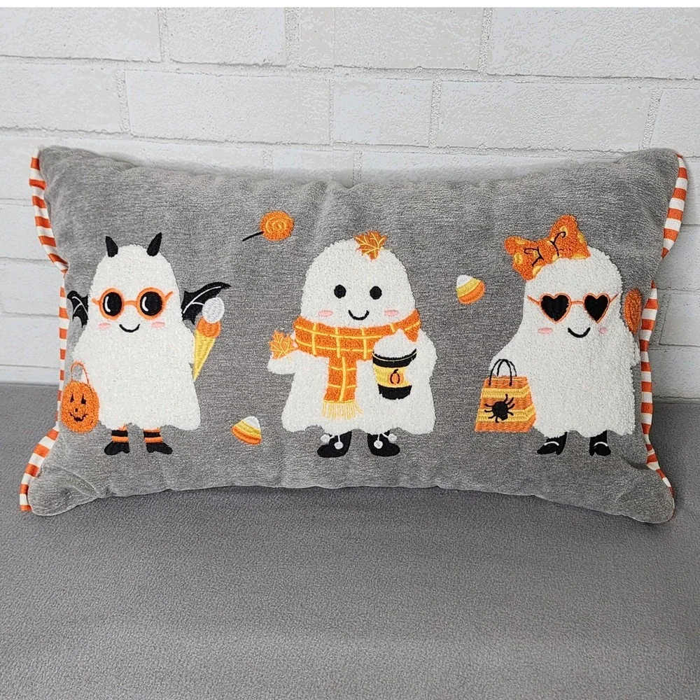 Halloween Ghost Lumbar Pillow Gray Embroidered Candy Corn Pumpkin Fall 14x24 NEW